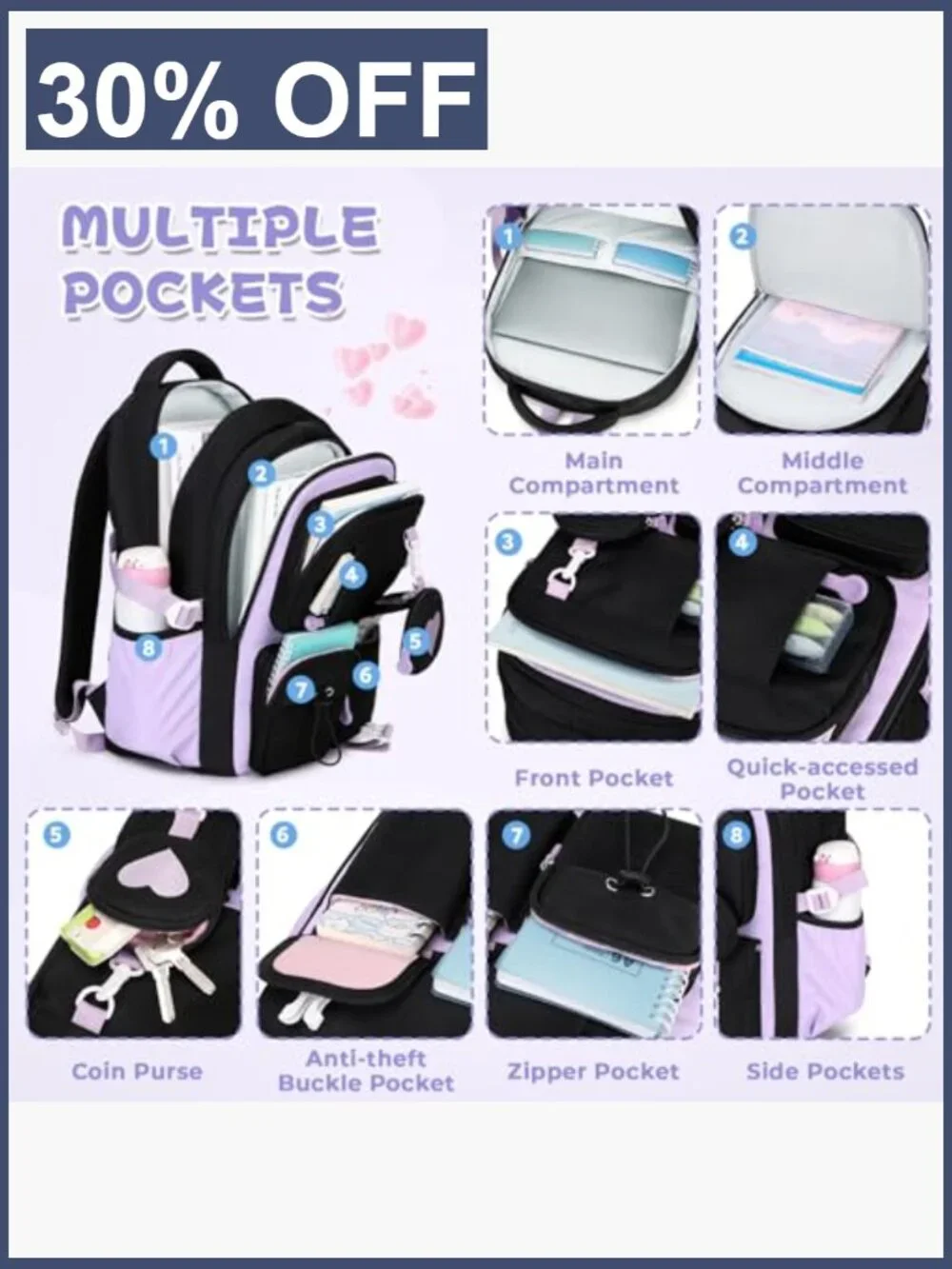 Girls Backpack Lightweight Schoolbag 9 Pockets Water Resistant Daypack